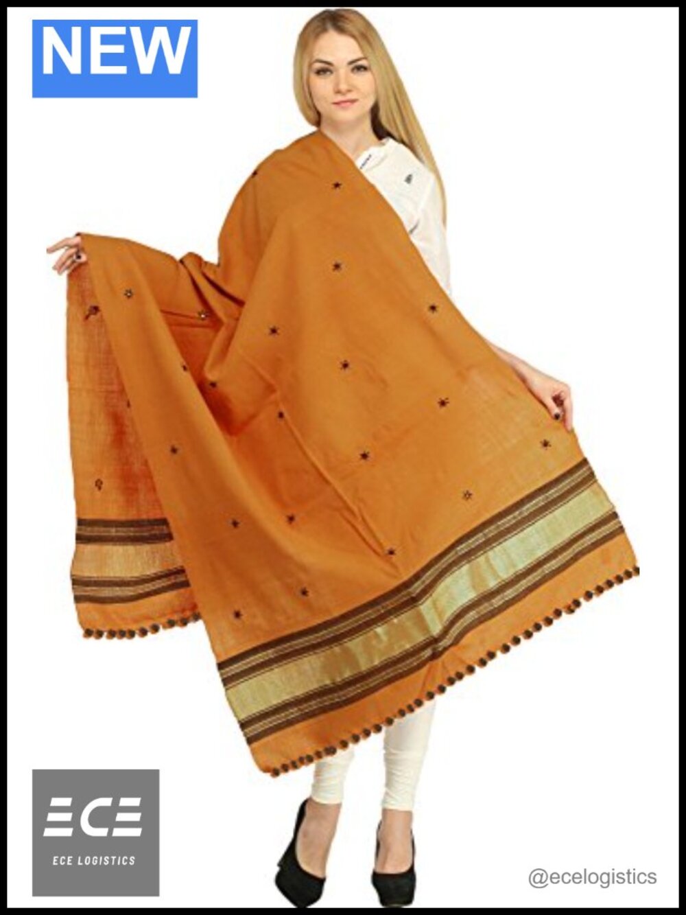 Pure Wool Kutch Embroidered Mirror Stole Golden Border Scarf Wrap